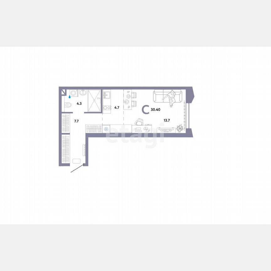 Квартира-студия, 30,4 м², 12/30 эт.