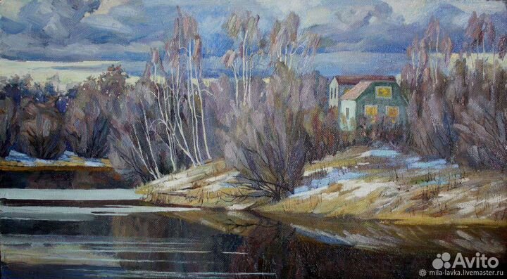 Картина маслом весенний пейзаж в раме 45х80