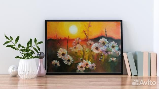 Картина маслом Цветы Полевые ромашки Закат