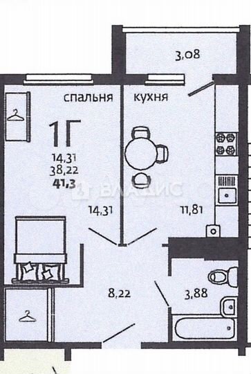 1-к. квартира, 41,3 м², 2/5 эт.