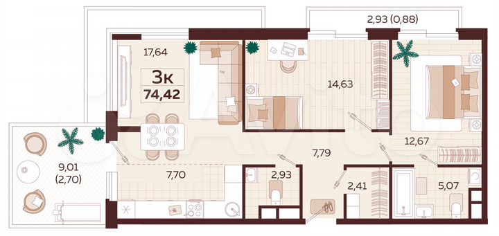 3-к. квартира, 73,6 м², 2/6 эт.