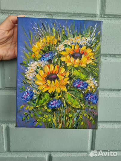 Картина маслом подсолнухи васильки цветы