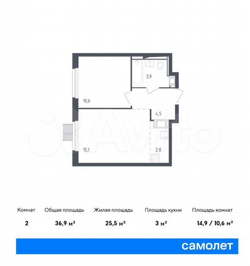 2-к. квартира, 36,9 м², 2/17 эт.