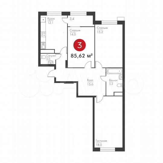 3-к. квартира, 85,6 м², 1/9 эт.