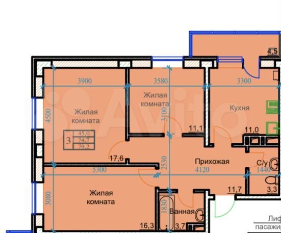 3-к. квартира, 79,2 м², 4/9 эт.