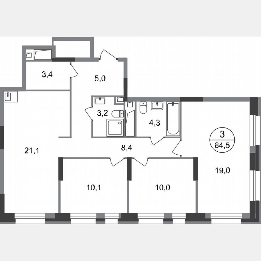 3-к. квартира, 84,5 м², 12/20 эт.