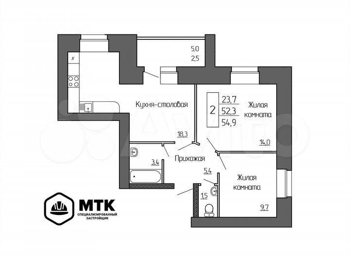 2-к. квартира, 54,9 м², 4/8 эт.