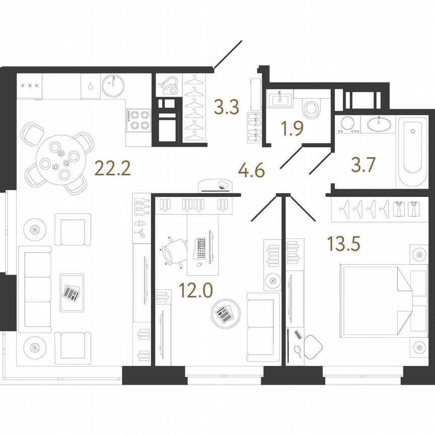 2-к. квартира, 61,2 м², 7/12 эт.