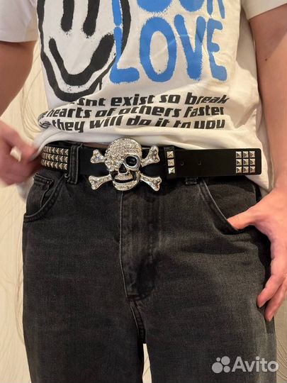 Ремень y2k со стразами и заклепкам череп