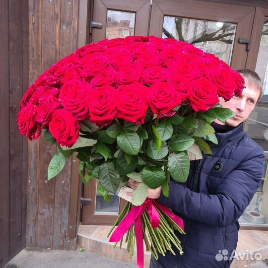 Высокие красные розы премиум качество 25 51 101 шт