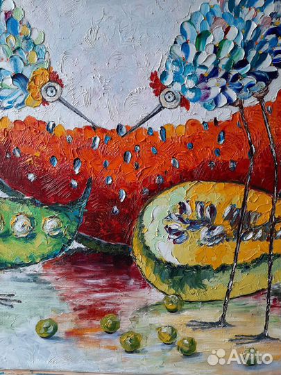 Картина маслом птицы, выпонена в технике 3 Д