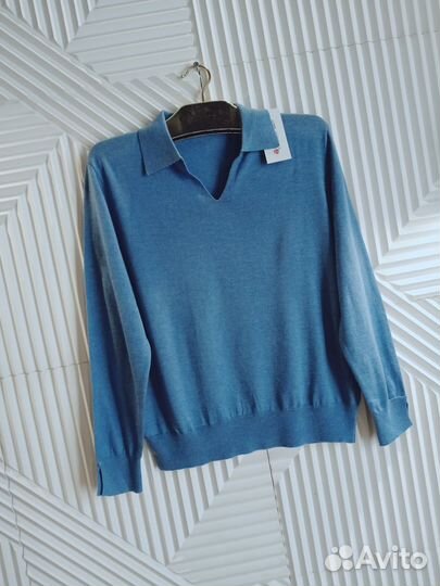 Сине-голубой тонкий кашемировый джемпер -поло