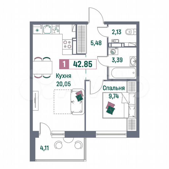 1-к. квартира, 42,9 м², 8/16 эт.