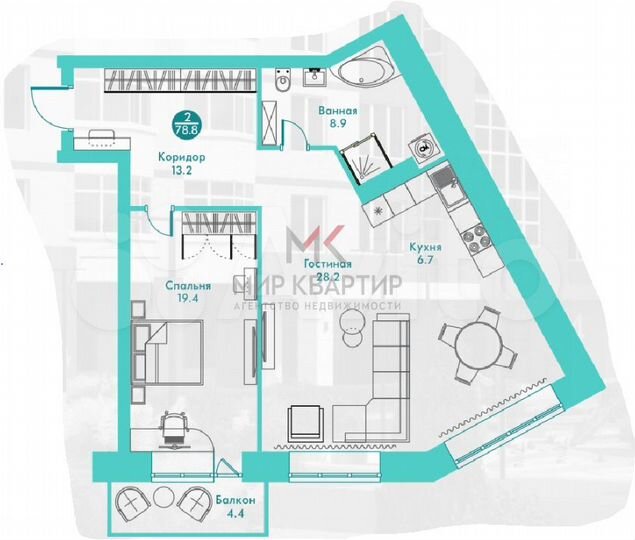 2-к. квартира, 78,8 м², 3/9 эт.