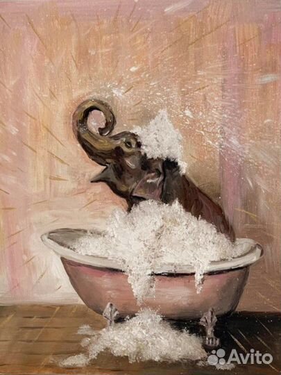 Картина маслом, слон в ванне, 20х25