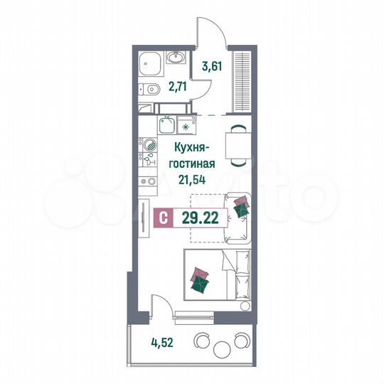 Квартира-студия, 29,2 м², 2/16 эт.