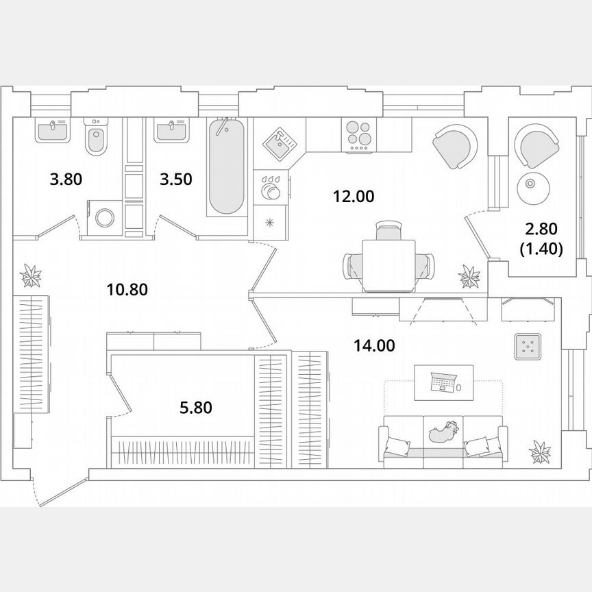 1-к. квартира, 51 м², 2/13 эт.
