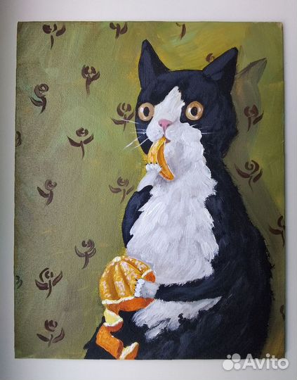 Картина Кот с апельсином холст 20*25 см