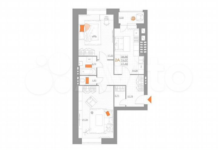 2-к. квартира, 74,4 м², 1/5 эт.