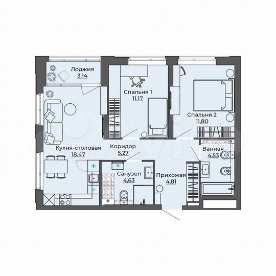 2-к. квартира, 63,8 м², 21/23 эт.