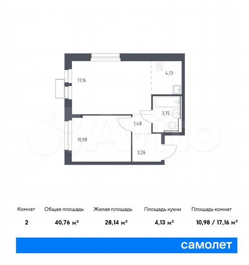 2-к. квартира, 40,8 м², 14/17 эт.
