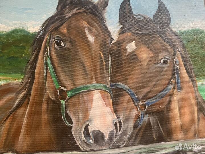 Картина 50х35 в раме лошади ручной труд