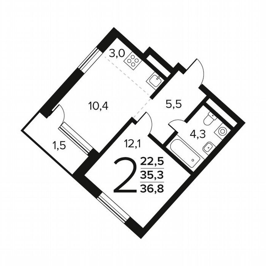 2-к. квартира, 36,8 м², 8/12 эт.