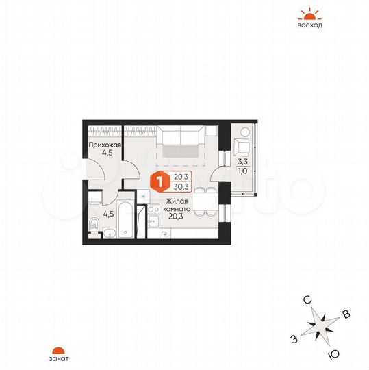 Квартира-студия, 30,3 м², 12/12 эт.