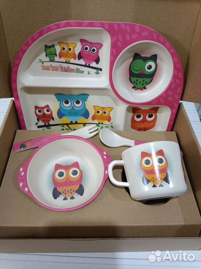Набор детской бамбуковой посуды (Совы)