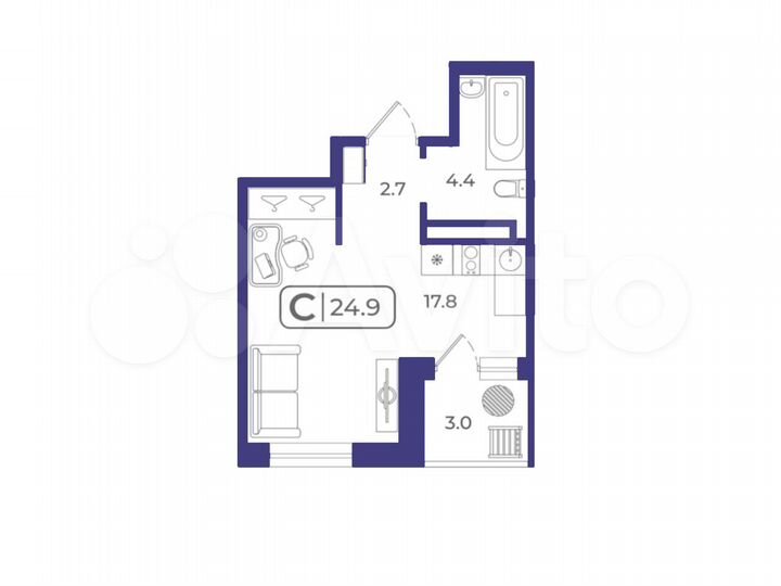 Квартира-студия, 24,6 м², 7/22 эт.