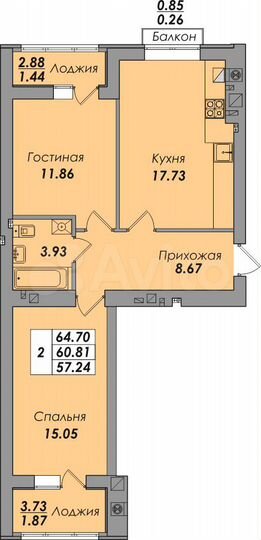 2-к. квартира, 64,7 м², 8/8 эт.