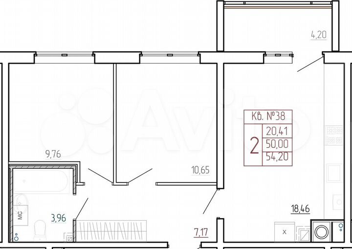 2-к. квартира, 54,2 м², 1/9 эт.