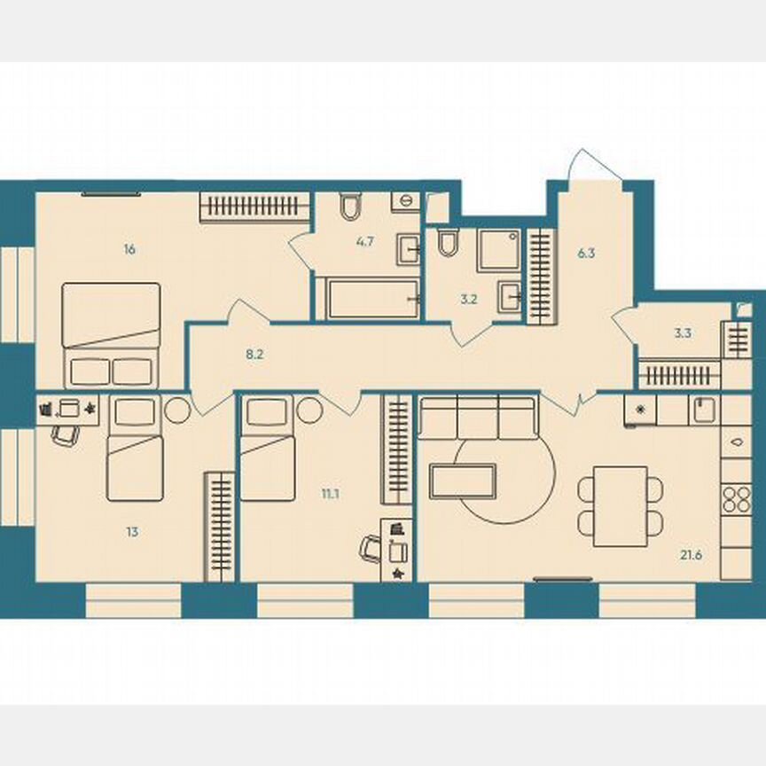 3-к. квартира, 87,4 м², 12/32 эт.