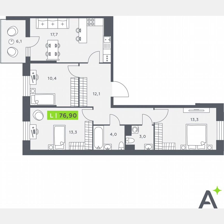 3-к. квартира, 76,9 м², 7/12 эт.