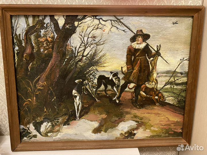 Картина маслом на холсте зимний пейзаж с охотником