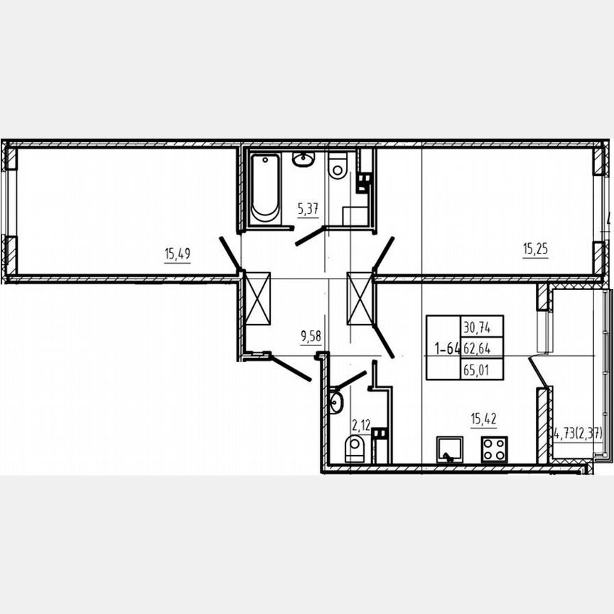 2-к. квартира, 62,6 м², 3/4 эт.