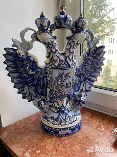 Большой штоф Двуглавый орёл Гжель с позолотой