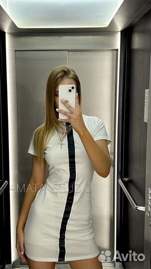 Платье мини хлопковое с кожей