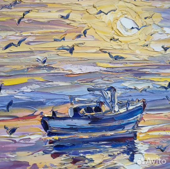 Картина маслом пейзаж с лодкой закат солнце море