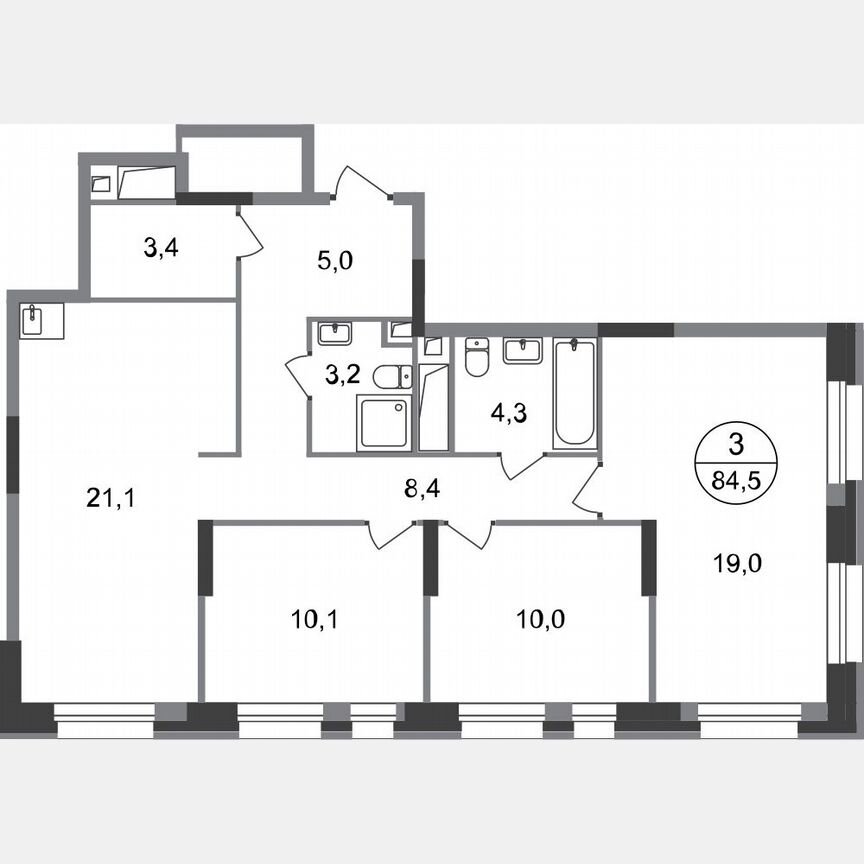3-к. квартира, 84,5 м², 3/20 эт.