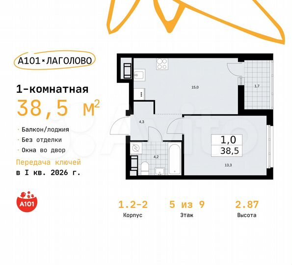 1-к. квартира, 38,5 м², 5/9 эт.