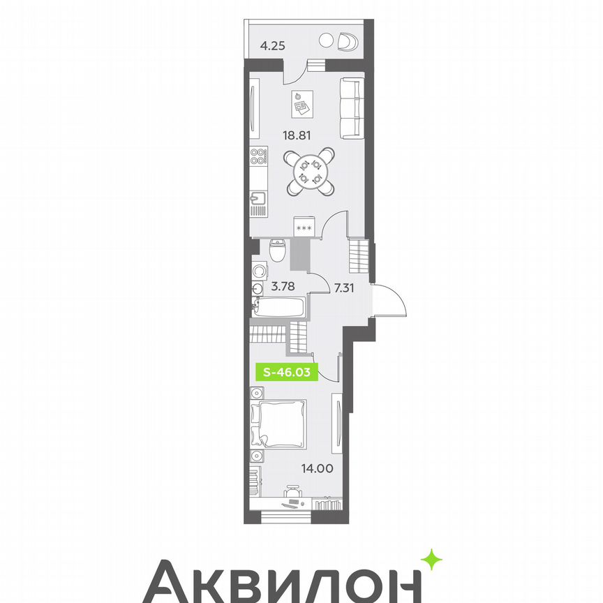 1-к. квартира, 46 м², 3/13 эт.