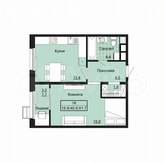 1-к. квартира, 41,7 м², 4/17 эт.