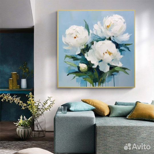 Большая картина маслом белая роза примерка
