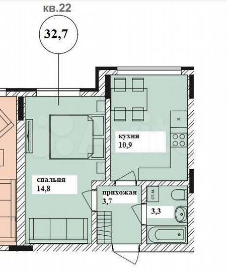 1-к. квартира, 32,7 м², 2/4 эт.