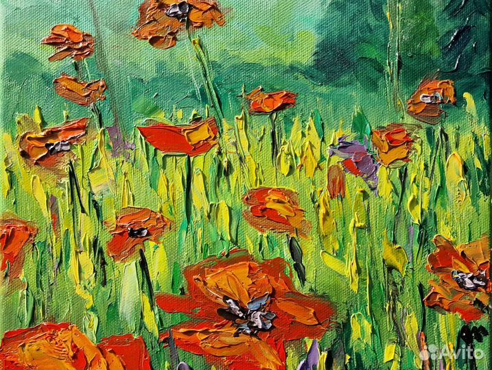 Картина маслом на холсте пейзаж цветы мастихином