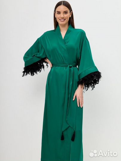 Шелковый длинный кардиган халат кимоно с перьями