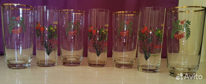 7 шт Стаканы высокие бокалы с рисунком стекло СССР