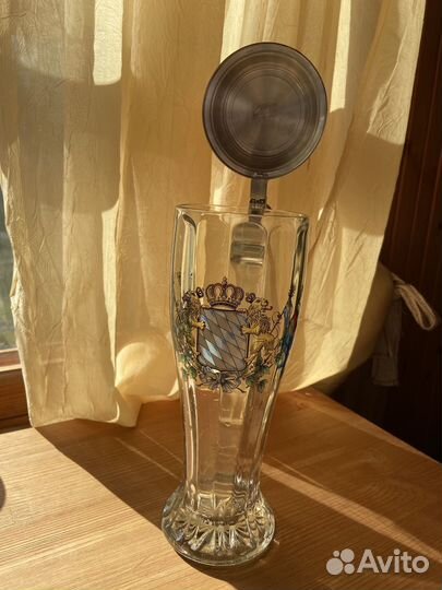 Стеклянная пивная кружка с крышкой +2 керамики