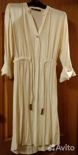 Платье Zara бежевое, М, вискоза/лен/хлопок